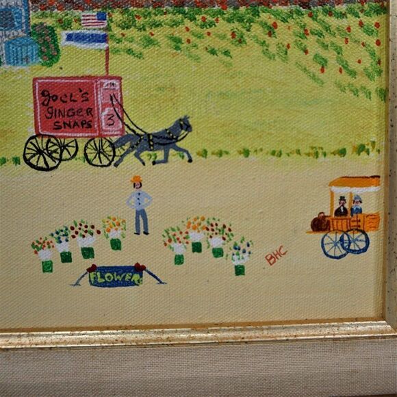 Primitive Americana Vintage Art Naif Folk Art BHC Signed Canvas Painting Naive - Picture 4 of 10